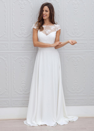 Ivory Lace Chiffon Keyhole Back Beach Wedding Dress